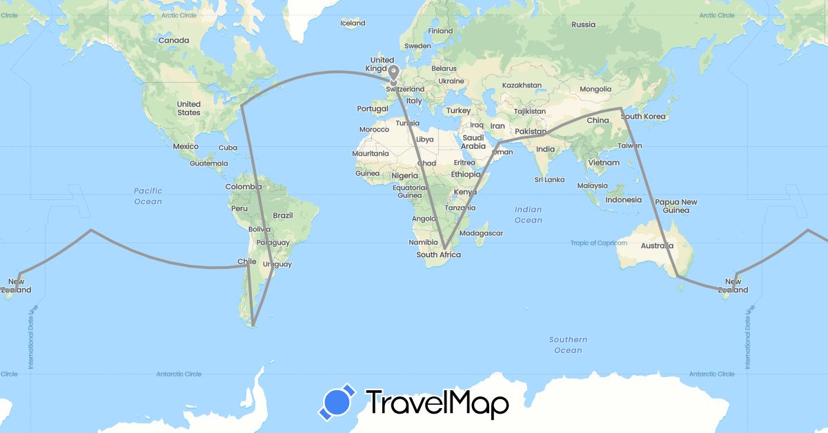 TravelMap itinerary: plane in United Arab Emirates, Argentina, Australia, Chile, China, France, India, New Zealand, French Polynesia, United States, South Africa (Africa, Asia, Europe, North America, Oceania, South America)